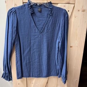 SHEIN grey/blue Ruffle V-Neck Long Sleeve Blouse